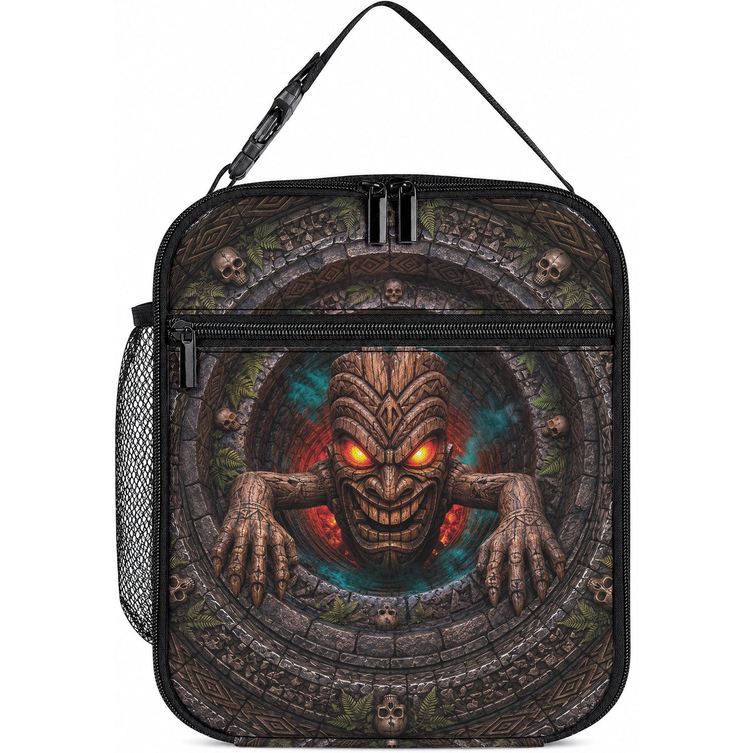 3D Illusion Haunted Tiki Totem Halloween Lunch Bag Polynesian Wood Spirit Fiery DT05 10.2 × 8.3 × 4.3 inch Brown - Polynesian Pride