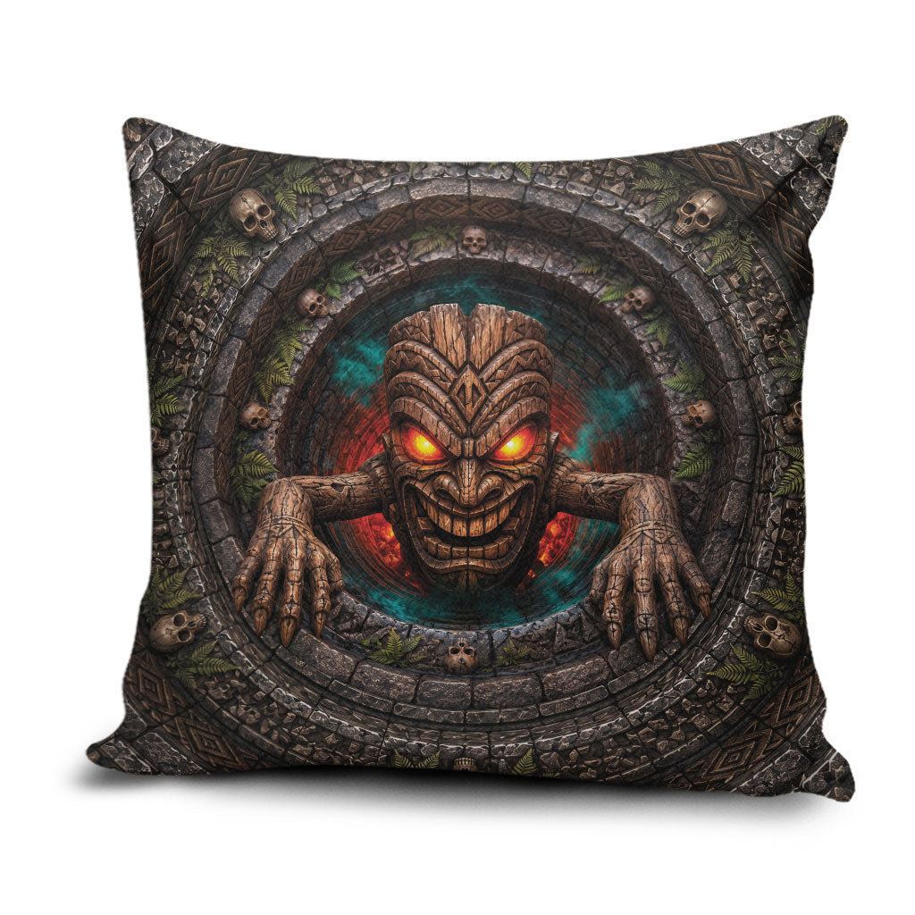 3D Illusion Haunted Tiki Totem Halloween Pillow Cover Polynesian Wood Spirit Fiery DT05 Brown - Polynesian Pride
