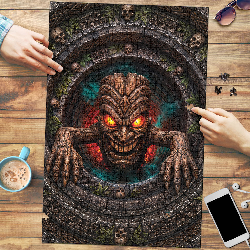 3D Illusion Haunted Tiki Totem Halloween Puzzle Polynesian Wood Spirit Fiery DT05 Brown - Polynesian Pride