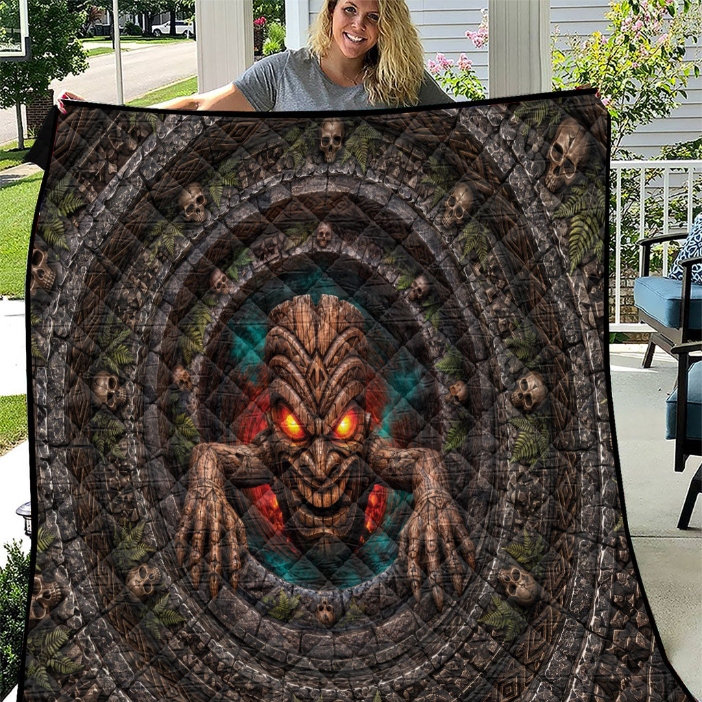 3D Illusion Haunted Tiki Totem Halloween Quilt Polynesian Wood Spirit Fiery