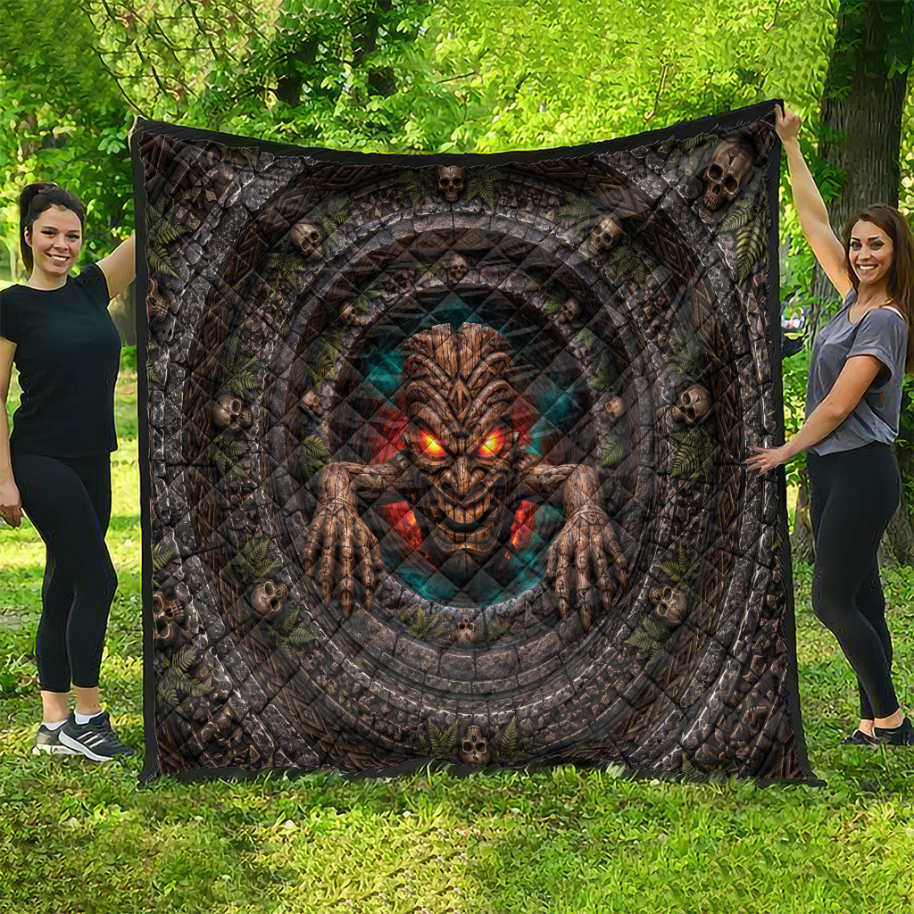 3D Illusion Haunted Tiki Totem Halloween Quilt Polynesian Wood Spirit Fiery