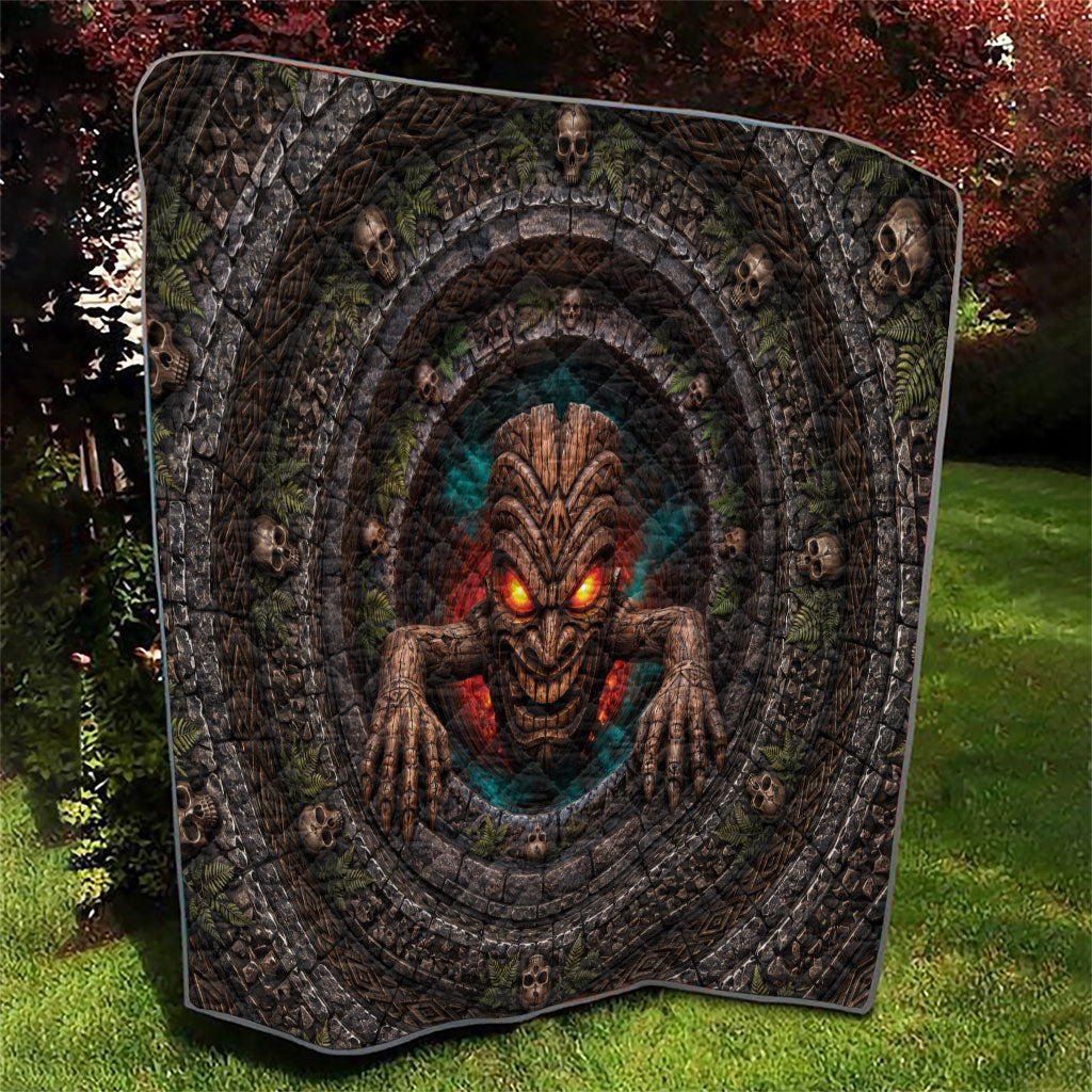 3D Illusion Haunted Tiki Totem Halloween Quilt Polynesian Wood Spirit Fiery