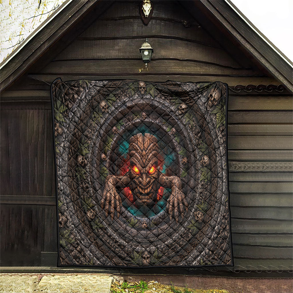 3D Illusion Haunted Tiki Totem Halloween Quilt Polynesian Wood Spirit Fiery
