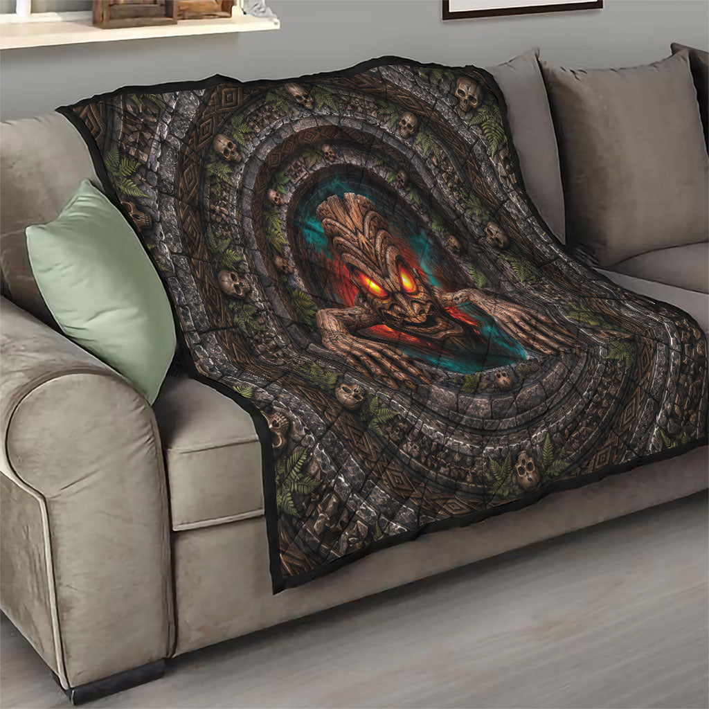 3D Illusion Haunted Tiki Totem Halloween Quilt Polynesian Wood Spirit Fiery