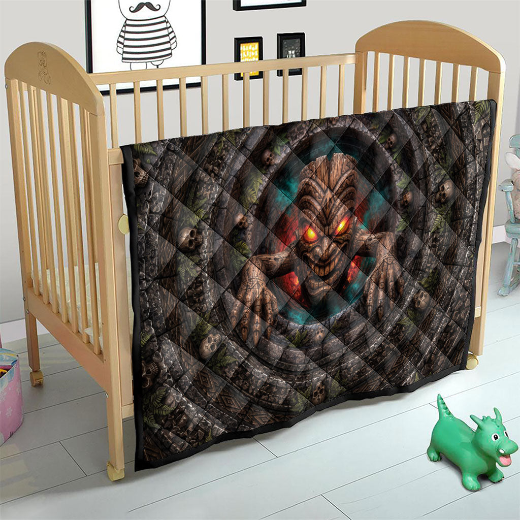 3D Illusion Haunted Tiki Totem Halloween Quilt Polynesian Wood Spirit Fiery