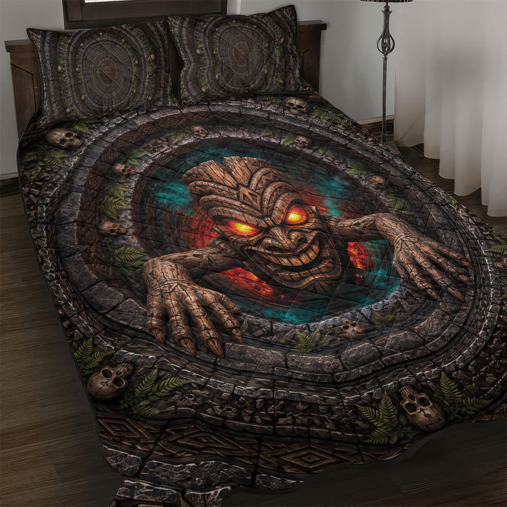 3D Illusion Haunted Tiki Totem Halloween Quilt Bed Set Polynesian Wood Spirit Fiery DT05 Brown - Polynesian Pride