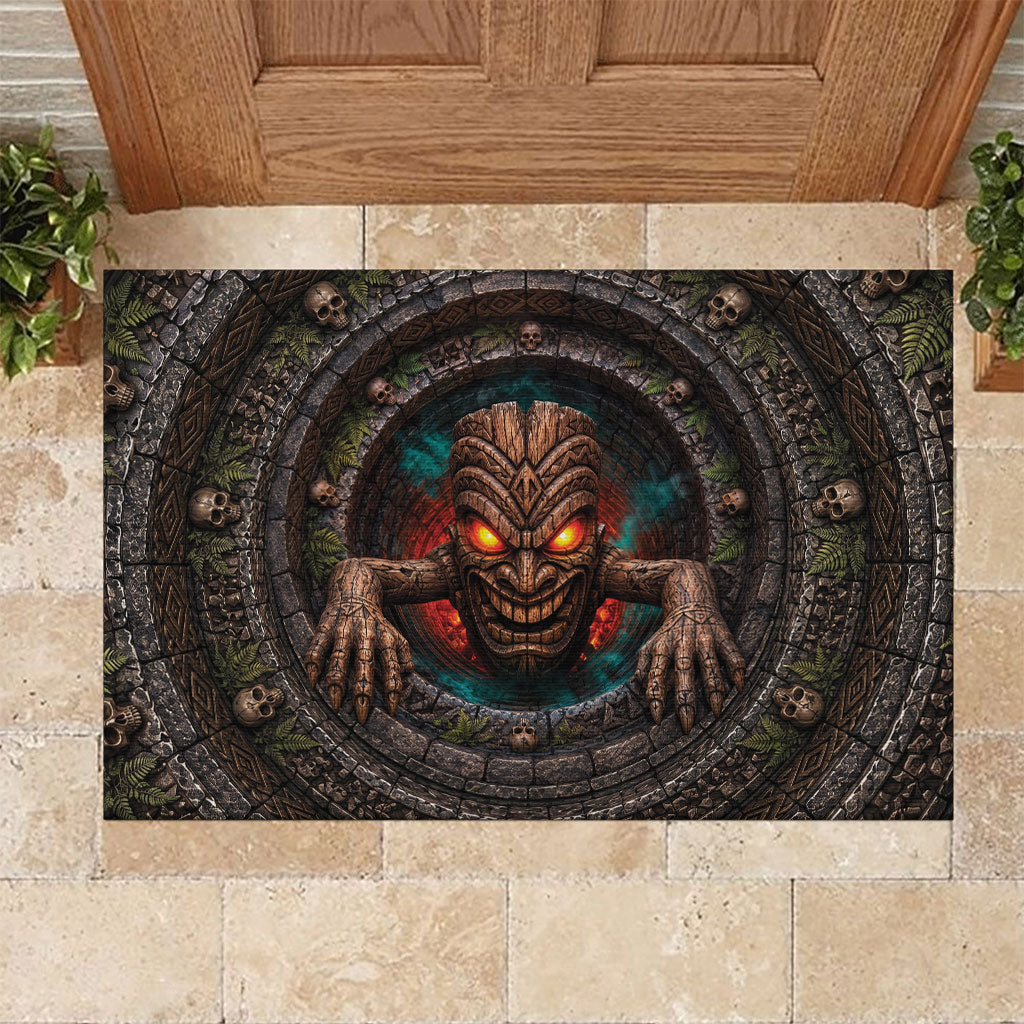 3D Illusion Haunted Tiki Totem Halloween Rubber Doormat Polynesian Wood Spirit Fiery DT05 Brown - Polynesian Pride