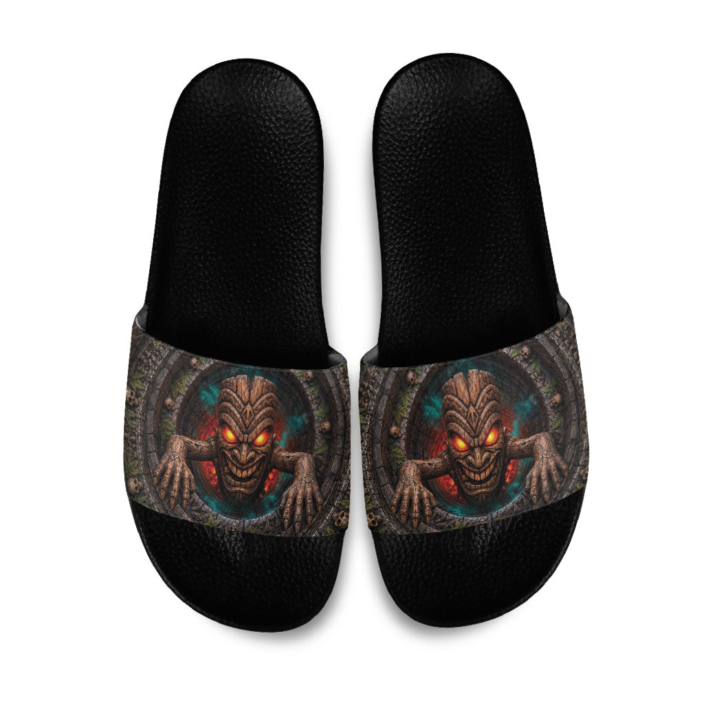 3D Illusion Haunted Tiki Totem Halloween Slide Sandals Polynesian Wood Spirit Fiery