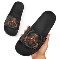 3D Illusion Haunted Tiki Totem Halloween Slide Sandals Polynesian Wood Spirit Fiery