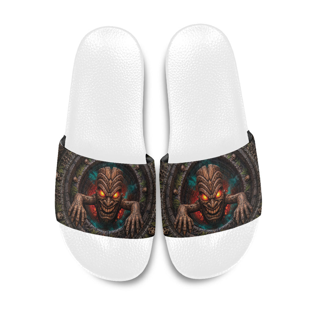 3D Illusion Haunted Tiki Totem Halloween Slide Sandals Polynesian Wood Spirit Fiery