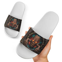3D Illusion Haunted Tiki Totem Halloween Slide Sandals Polynesian Wood Spirit Fiery