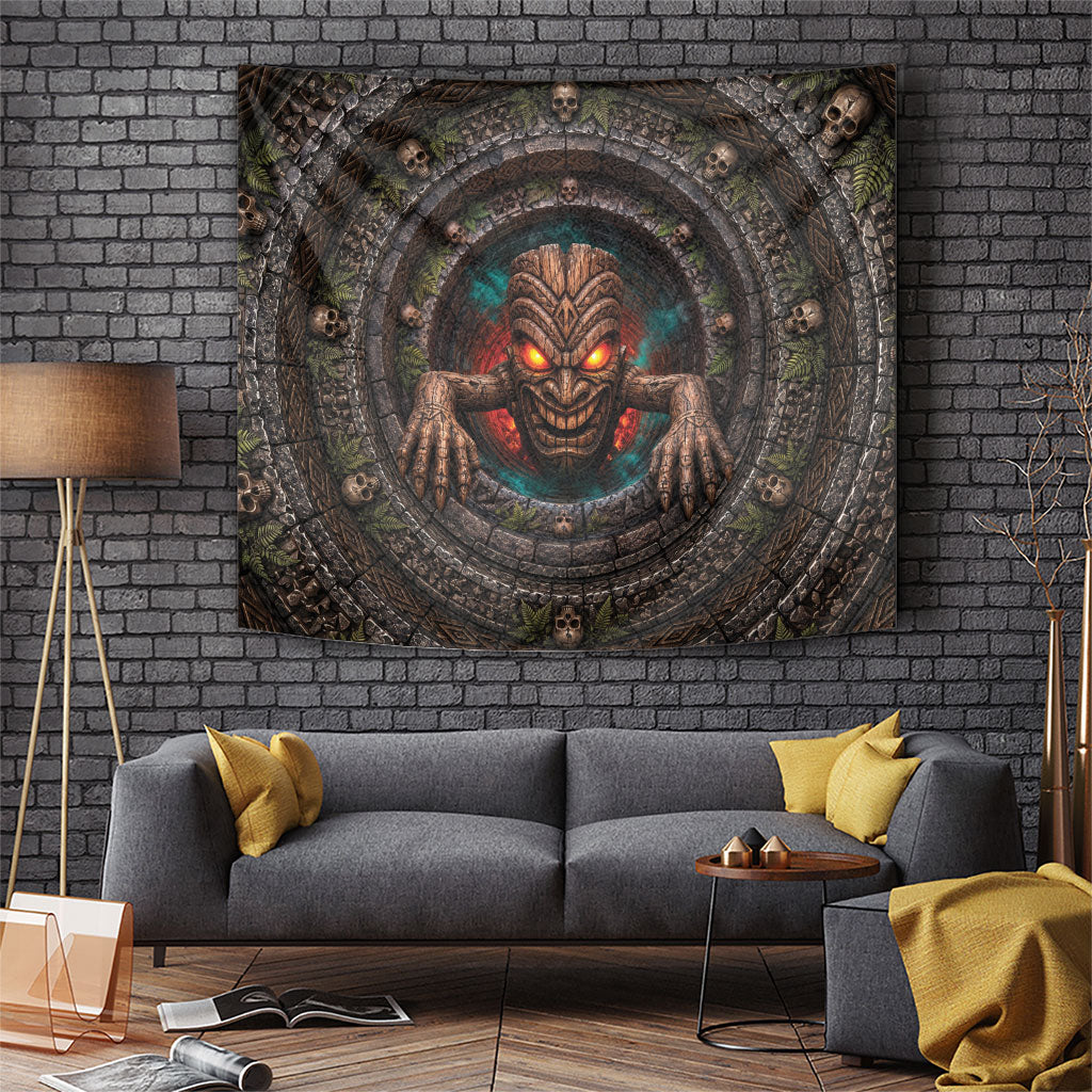 3D Illusion Haunted Tiki Totem Halloween Tapestry Polynesian Wood Spirit Fiery DT05 Brown - Polynesian Pride