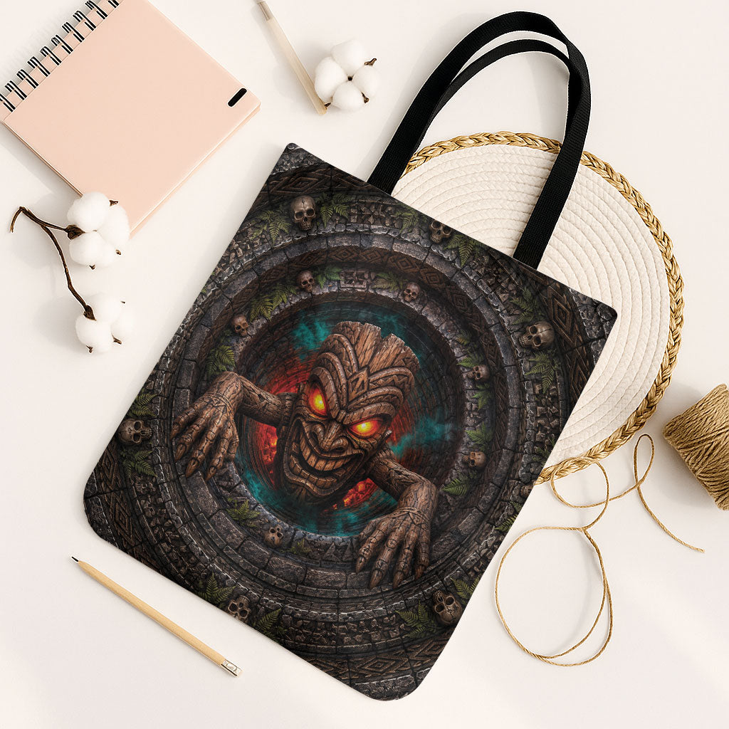 3D Illusion Haunted Tiki Totem Halloween Tote Bag Polynesian Wood Spirit Fiery