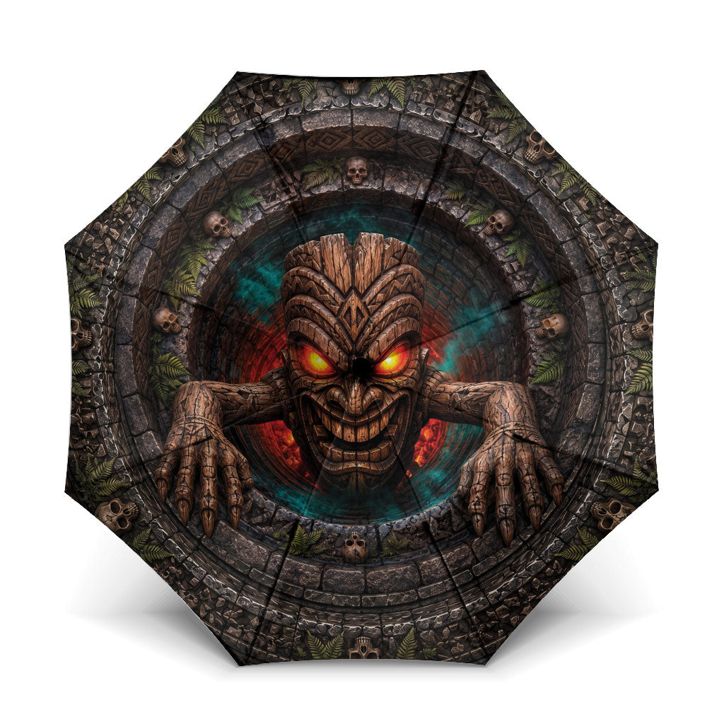 3D Illusion Haunted Tiki Totem Halloween Umbrella Polynesian Wood Spirit Fiery DT05 One Size Folded 11.42 inch Opened Diameter 37.4 inch Brown - Polynesian Pride