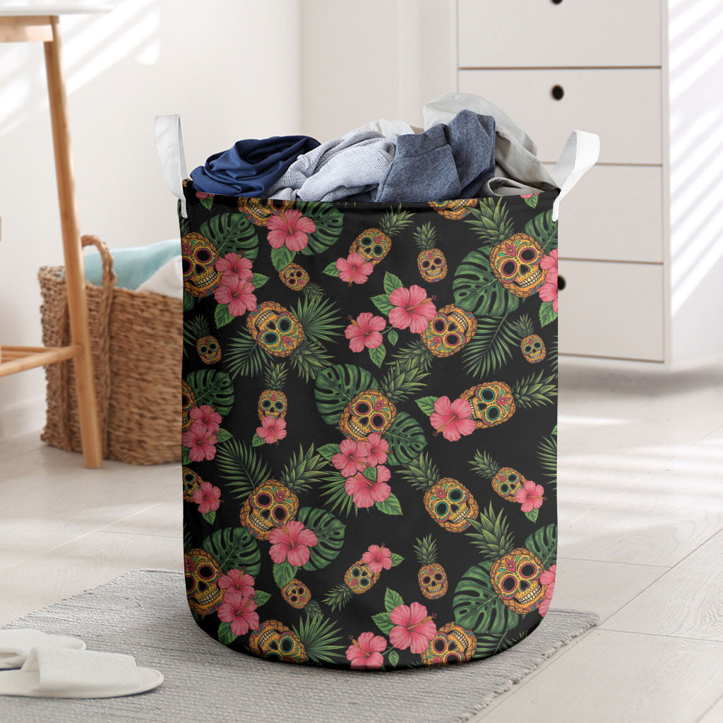 Tropical Calavera Hawaiian Laundry Basket Sugar Skull Pineapple Hibiscus Floral DT05 Black - Polynesian Pride