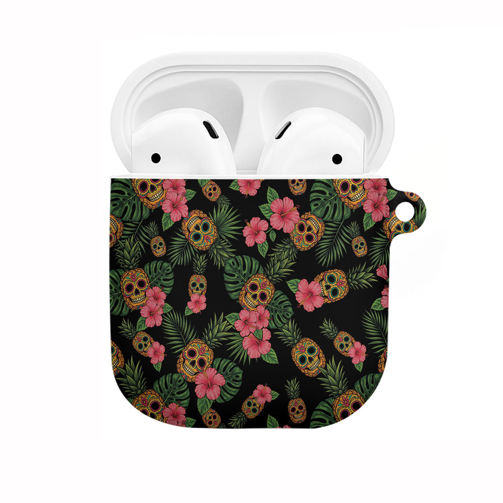 Tropical Calavera Hawaiian AirPods Case Sugar Skull Pineapple Hibiscus Floral