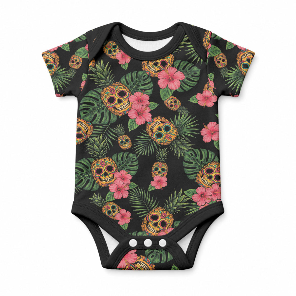 Tropical Calavera Hawaiian Baby Onesie Sugar Skull Pineapple Hibiscus Floral DT05 Black - Polynesian Pride