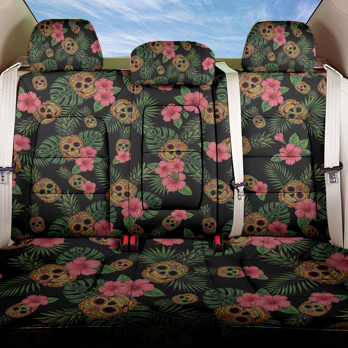 Tropical Calavera Hawaiian Back Car Seat Cover Sugar Skull Pineapple Hibiscus Floral DT05 One Size Black - Polynesian Pride