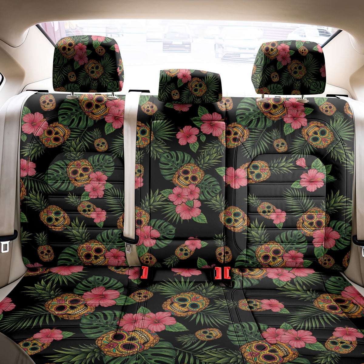 Tropical Calavera Hawaiian Back Car Seat Cover Sugar Skull Pineapple Hibiscus Floral DT05 - Polynesian Pride