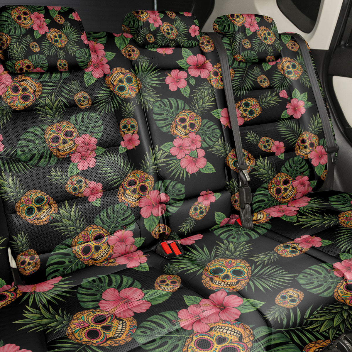 Tropical Calavera Hawaiian Back Car Seat Cover Sugar Skull Pineapple Hibiscus Floral DT05 - Polynesian Pride
