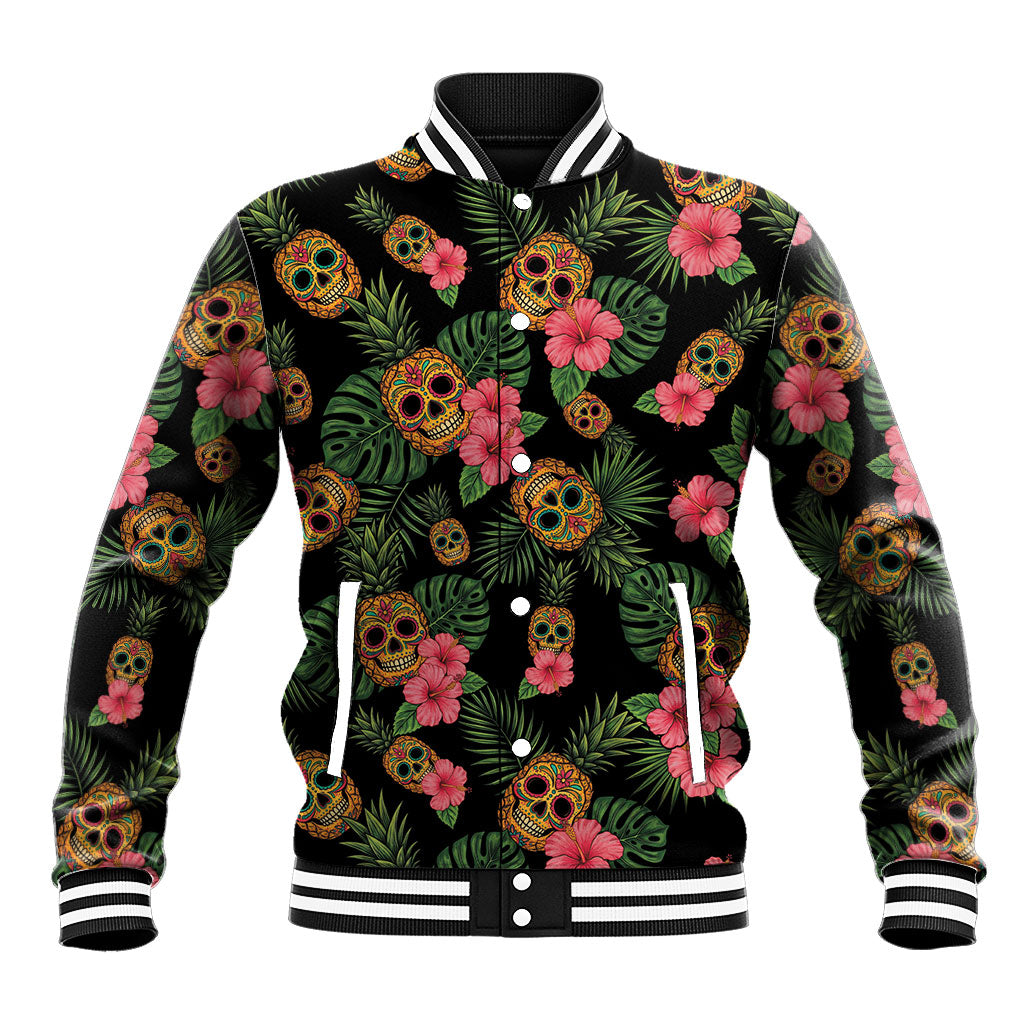 Tropical Calavera Hawaiian Baseball Jacket Sugar Skull Pineapple Hibiscus Floral DT05 Unisex Black - Polynesian Pride