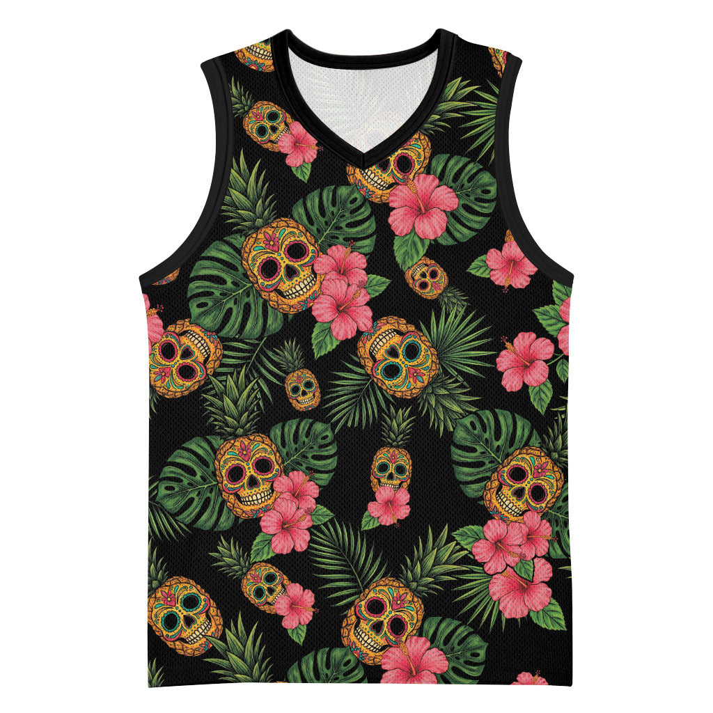 Tropical Calavera Hawaiian Basketball Jersey Sugar Skull Pineapple Hibiscus Floral
