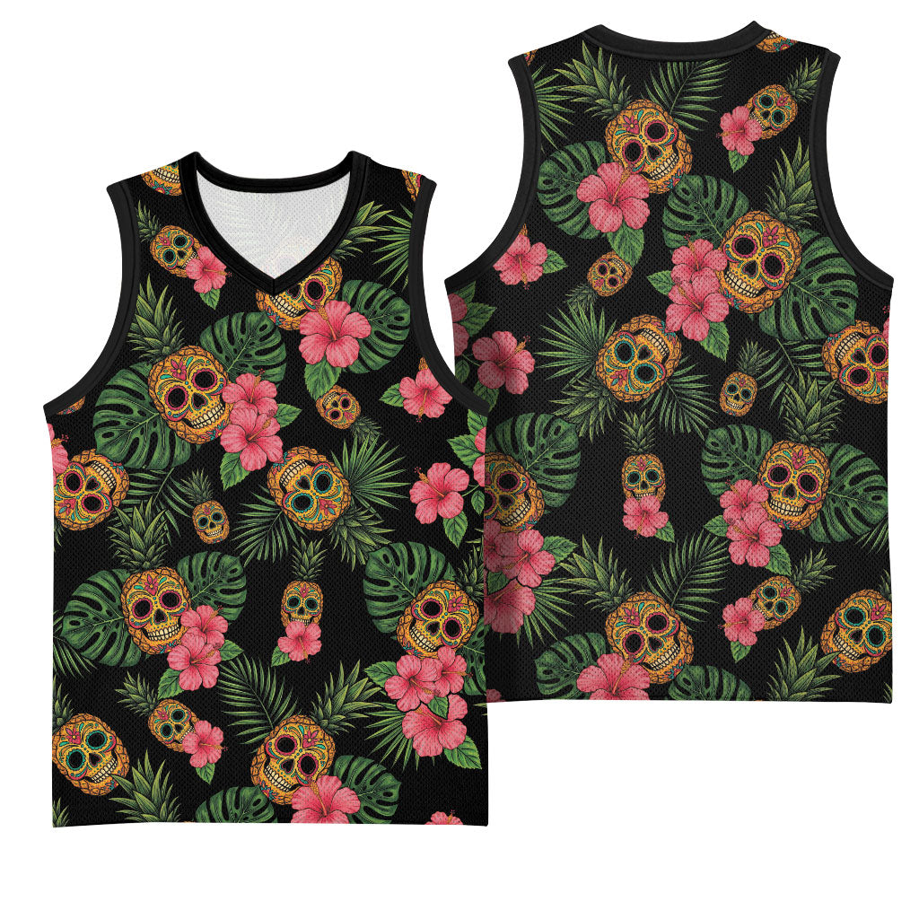 Tropical Calavera Hawaiian Basketball Jersey Sugar Skull Pineapple Hibiscus Floral