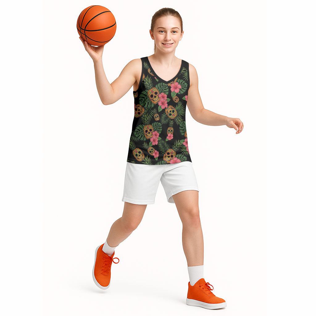Tropical Calavera Hawaiian Basketball Jersey Sugar Skull Pineapple Hibiscus Floral