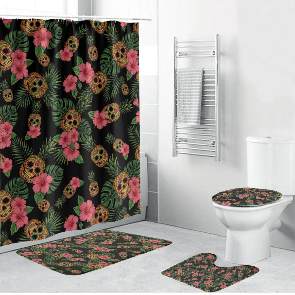 Tropical Calavera Hawaiian Bathroom Set Sugar Skull Pineapple Hibiscus Floral