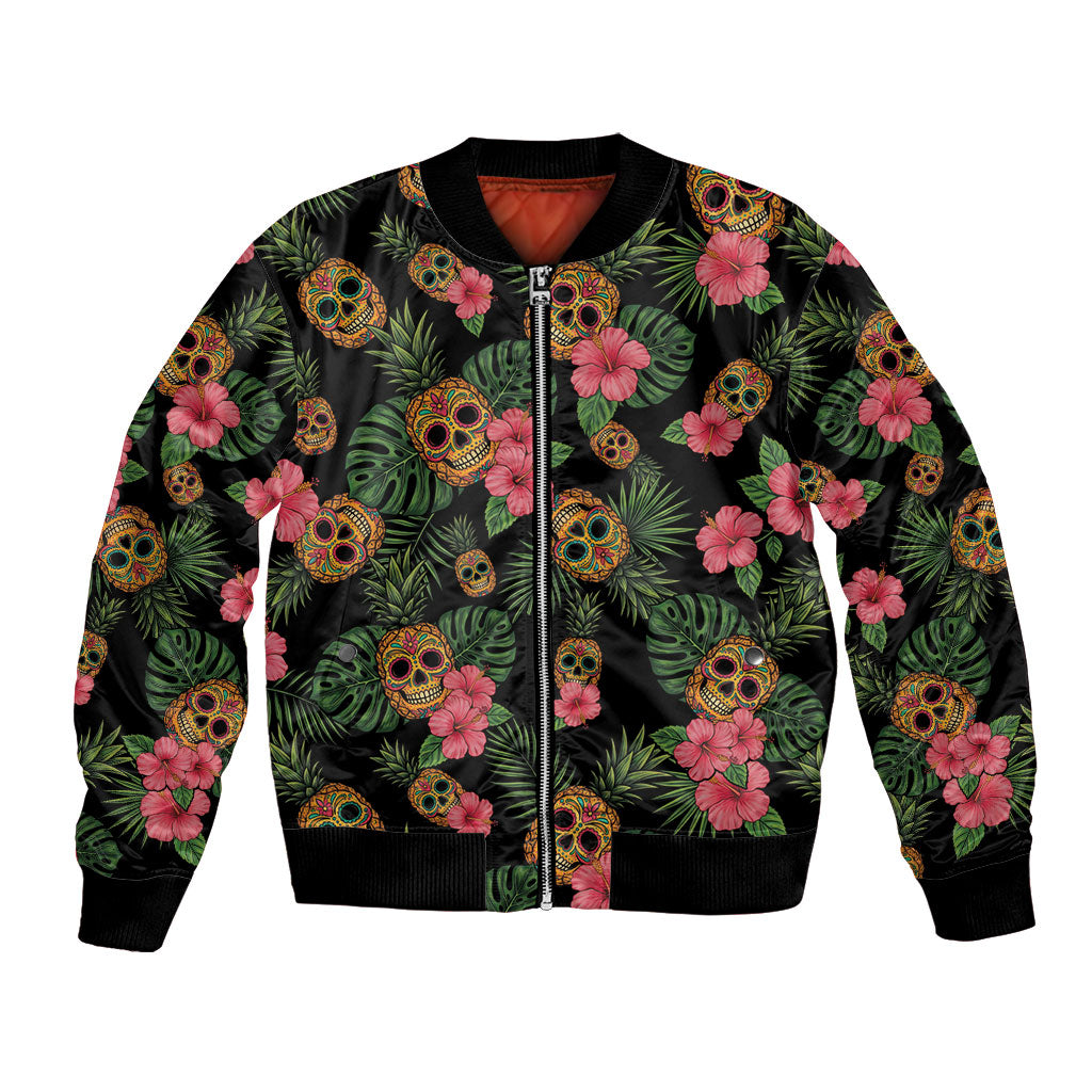 Tropical Calavera Hawaiian Bomber Jacket Sugar Skull Pineapple Hibiscus Floral DT05 Unisex Black - Polynesian Pride