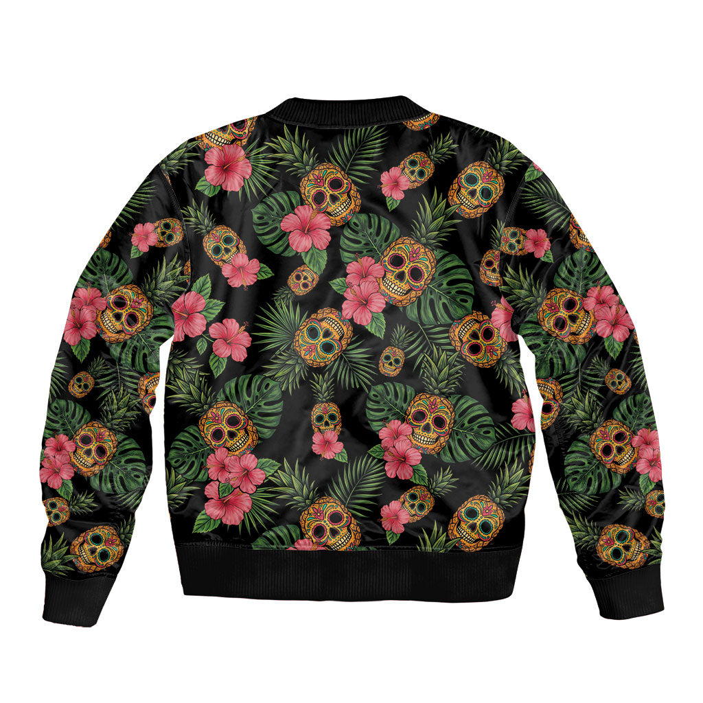 Tropical Calavera Hawaiian Bomber Jacket Sugar Skull Pineapple Hibiscus Floral