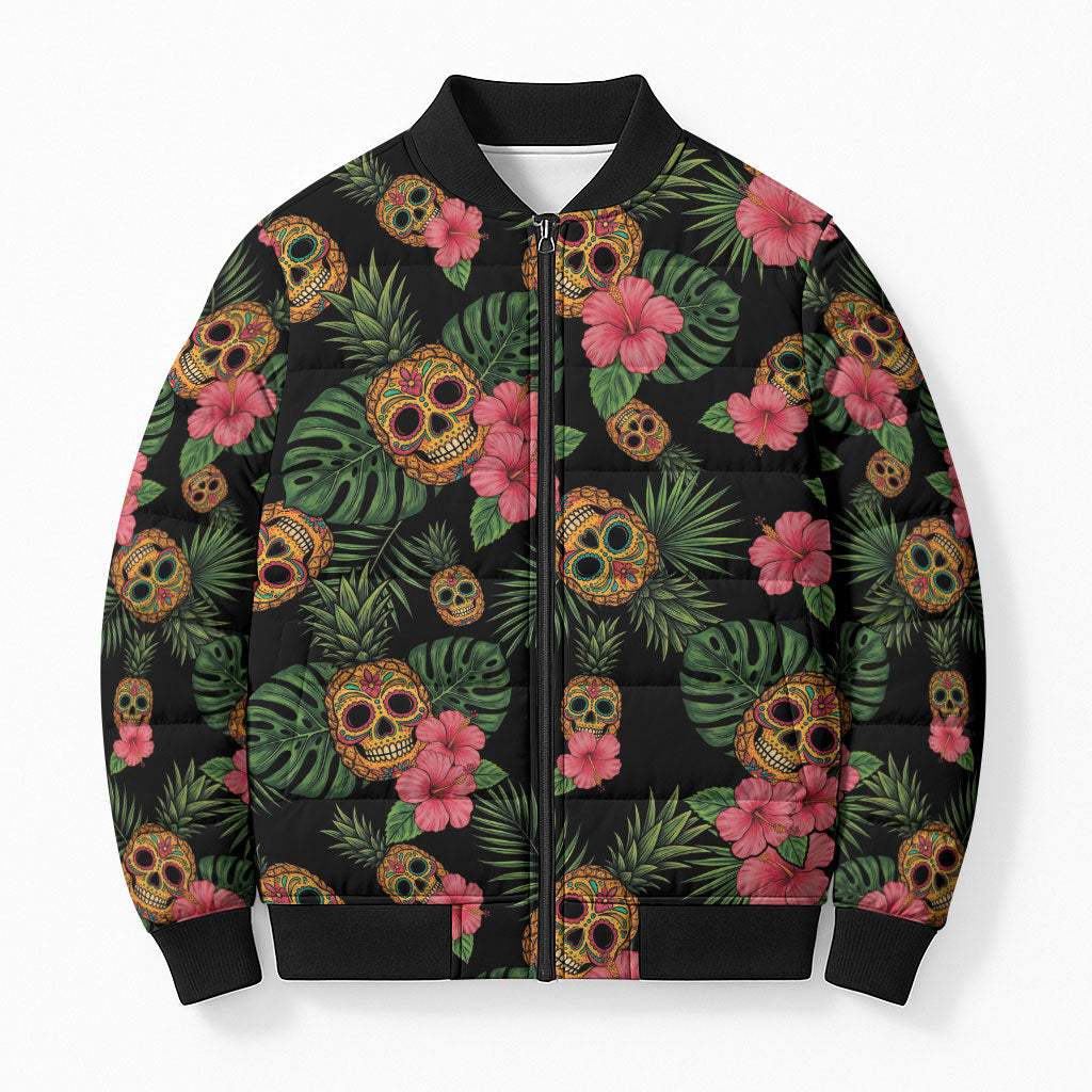 Tropical Calavera Hawaiian Bomber Puffer Jacket Sugar Skull Pineapple Hibiscus Floral DT05 Unisex Black - Polynesian Pride
