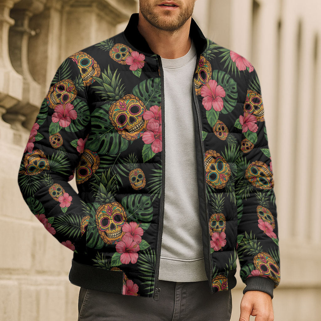 Tropical Calavera Hawaiian Bomber Puffer Jacket Sugar Skull Pineapple Hibiscus Floral