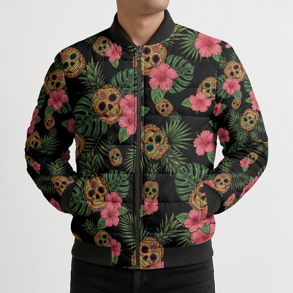 Tropical Calavera Hawaiian Bomber Puffer Jacket Sugar Skull Pineapple Hibiscus Floral