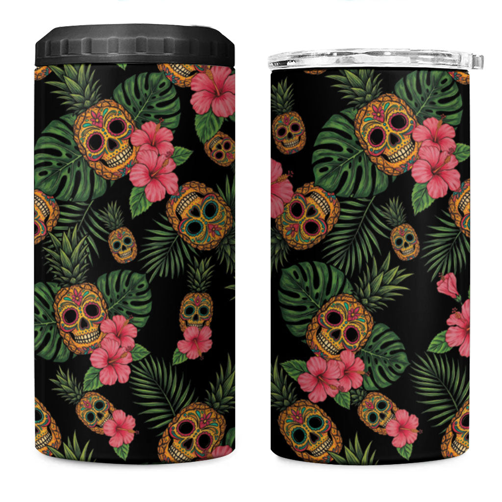 Tropical Calavera Hawaiian 4 in 1 Can Cooler Tumbler Sugar Skull Pineapple Hibiscus Floral