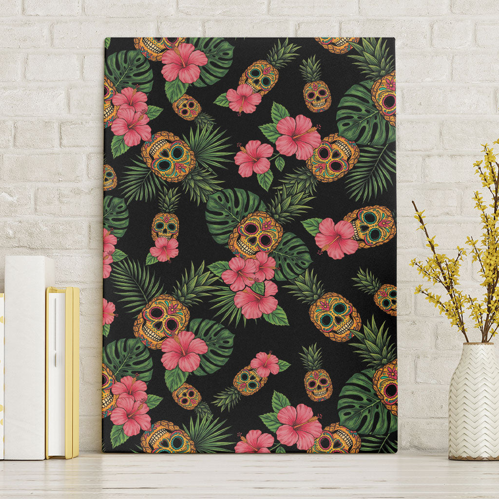 Tropical Calavera Hawaiian Canvas Wall Art Sugar Skull Pineapple Hibiscus Floral