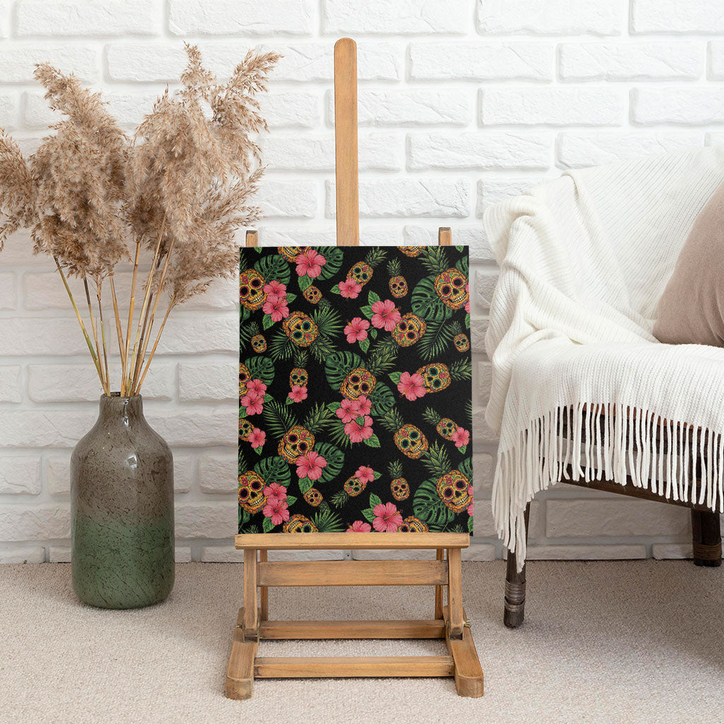 Tropical Calavera Hawaiian Canvas Wall Art Sugar Skull Pineapple Hibiscus Floral