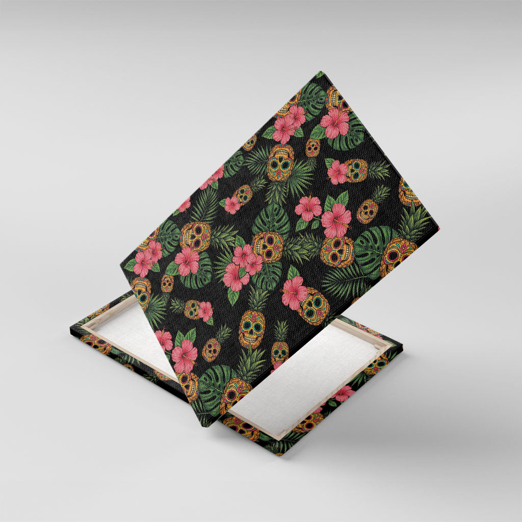 Tropical Calavera Hawaiian Canvas Wall Art Sugar Skull Pineapple Hibiscus Floral