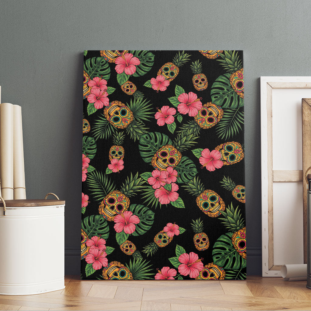 Tropical Calavera Hawaiian Canvas Wall Art Sugar Skull Pineapple Hibiscus Floral