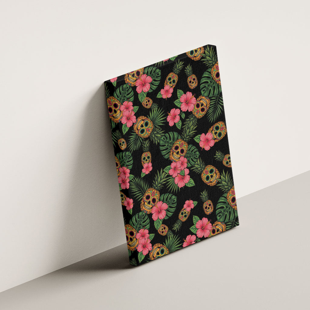 Tropical Calavera Hawaiian Canvas Wall Art Sugar Skull Pineapple Hibiscus Floral