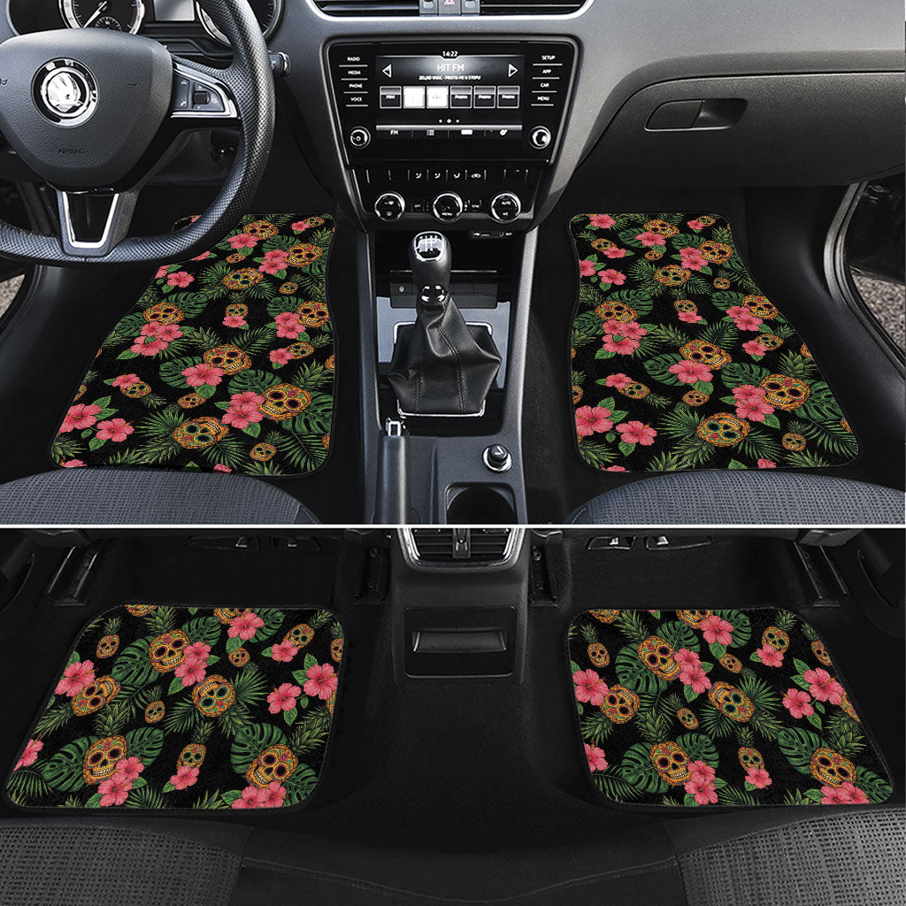 Tropical Calavera Hawaiian Car Mats Sugar Skull Pineapple Hibiscus Floral DT05 Set 4pcs Black - Polynesian Pride