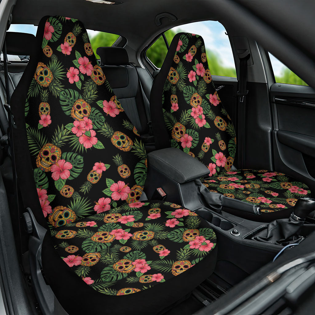 Tropical Calavera Hawaiian Car Seat Cover Sugar Skull Pineapple Hibiscus Floral