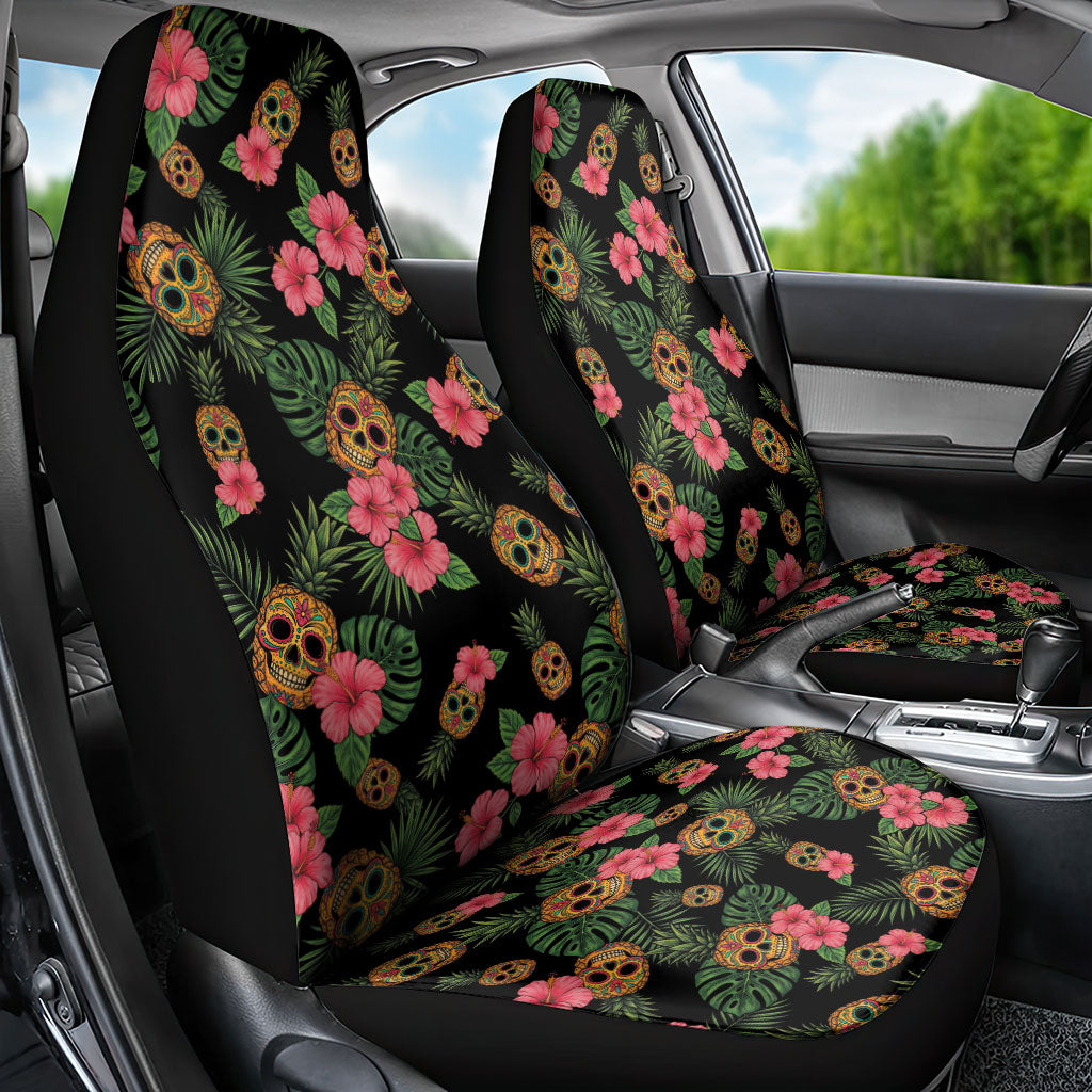 Tropical Calavera Hawaiian Car Seat Cover Sugar Skull Pineapple Hibiscus Floral