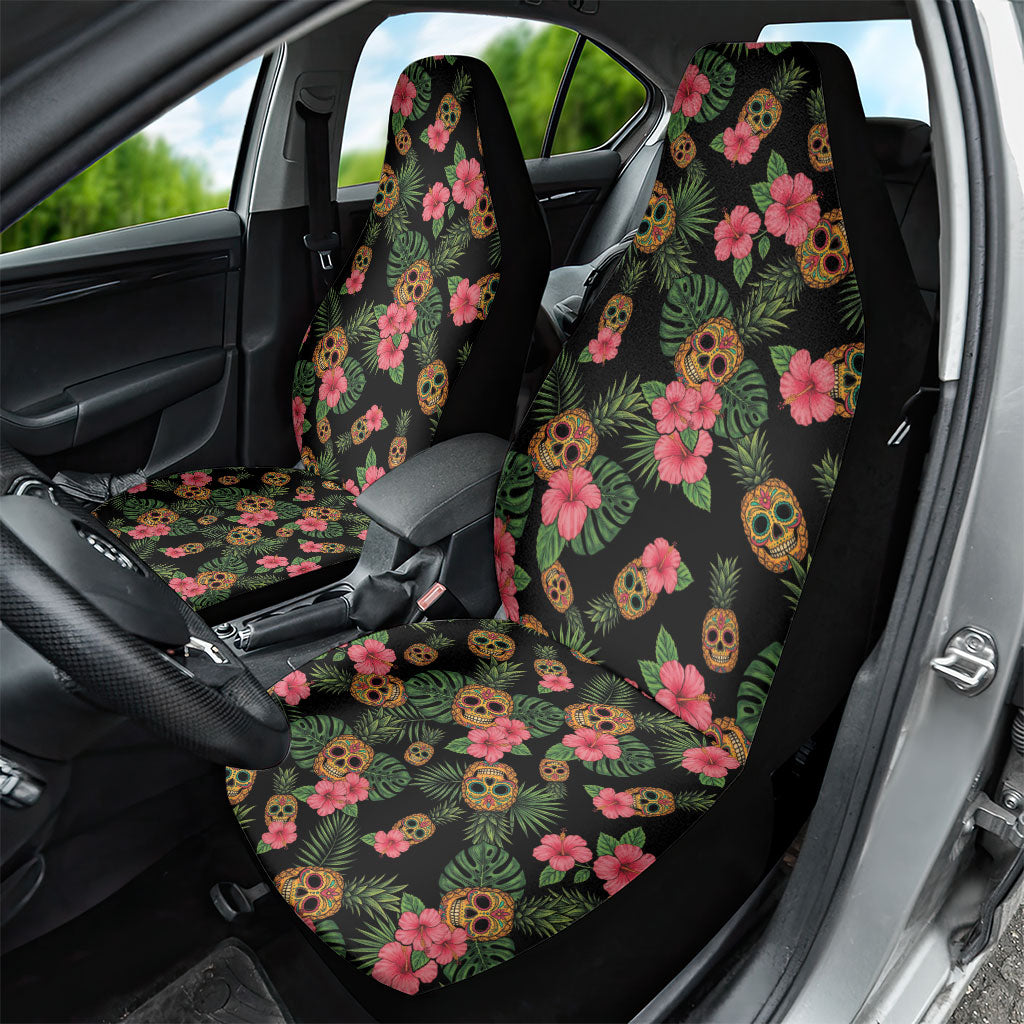 Tropical Calavera Hawaiian Car Seat Cover Sugar Skull Pineapple Hibiscus Floral