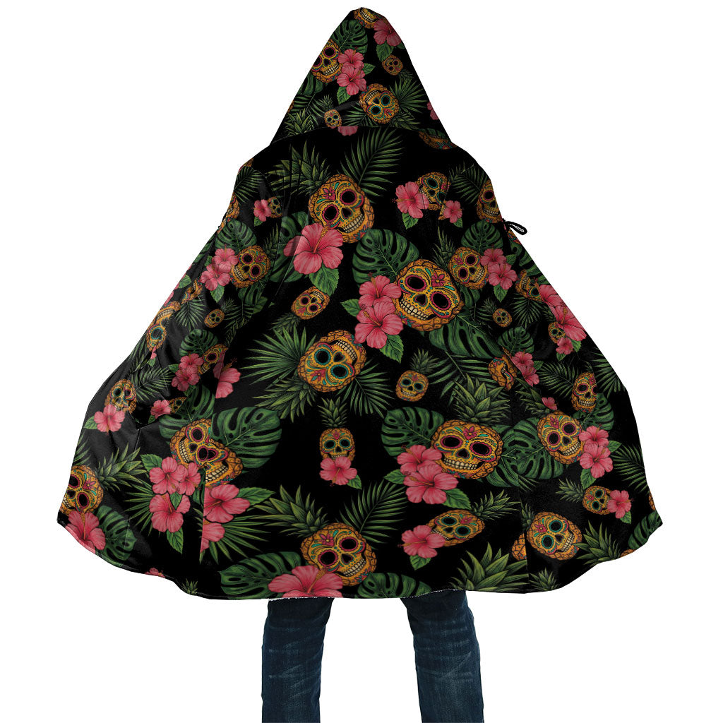 Tropical Calavera Hawaiian Cloak Sugar Skull Pineapple Hibiscus Floral DT05 Unisex Black - Polynesian Pride