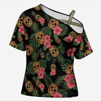 Tropical Calavera Hawaiian Cross Shoulder Shirt Sugar Skull Pineapple Hibiscus Floral