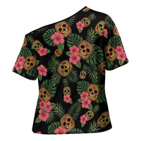 Tropical Calavera Hawaiian Cross Shoulder Shirt Sugar Skull Pineapple Hibiscus Floral