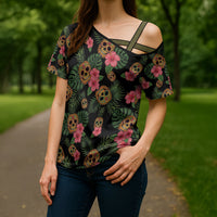 Tropical Calavera Hawaiian Cross Shoulder Shirt Sugar Skull Pineapple Hibiscus Floral