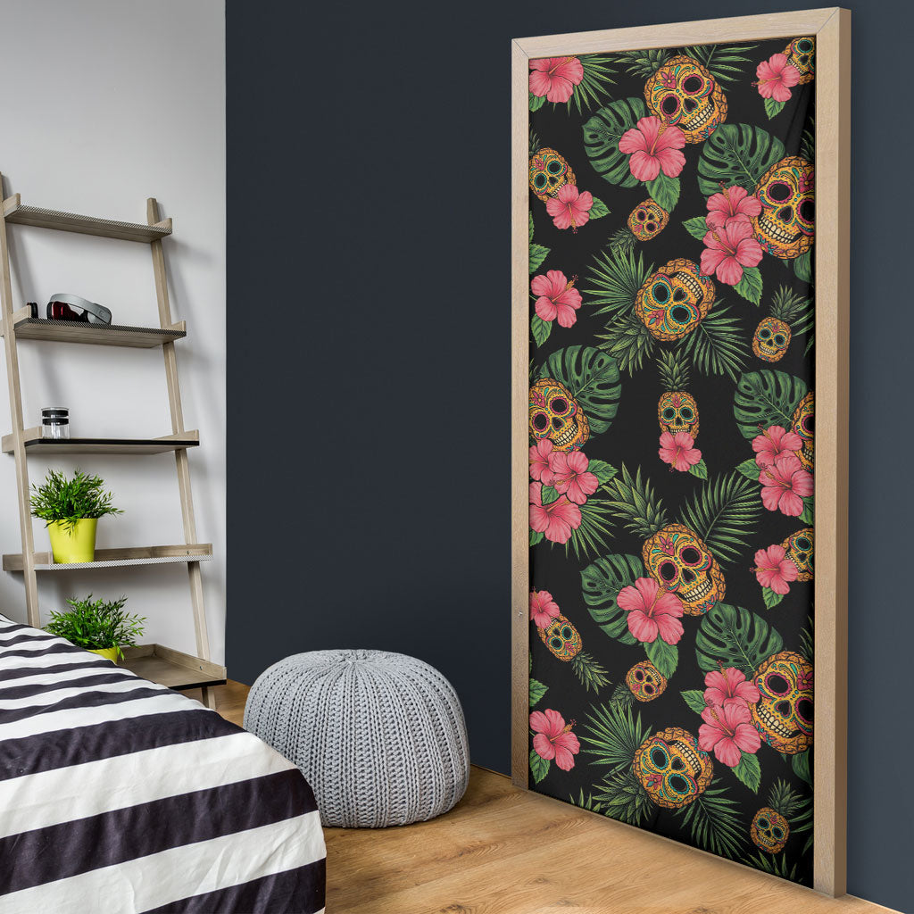Tropical Calavera Hawaiian Door Cover Sugar Skull Pineapple Hibiscus Floral DT05 - Polynesian Pride