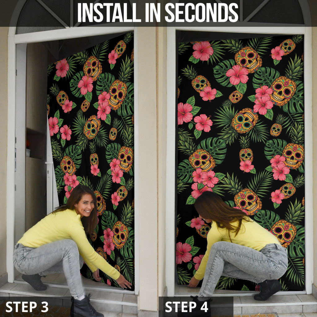 Tropical Calavera Hawaiian Door Cover Sugar Skull Pineapple Hibiscus Floral DT05 - Polynesian Pride